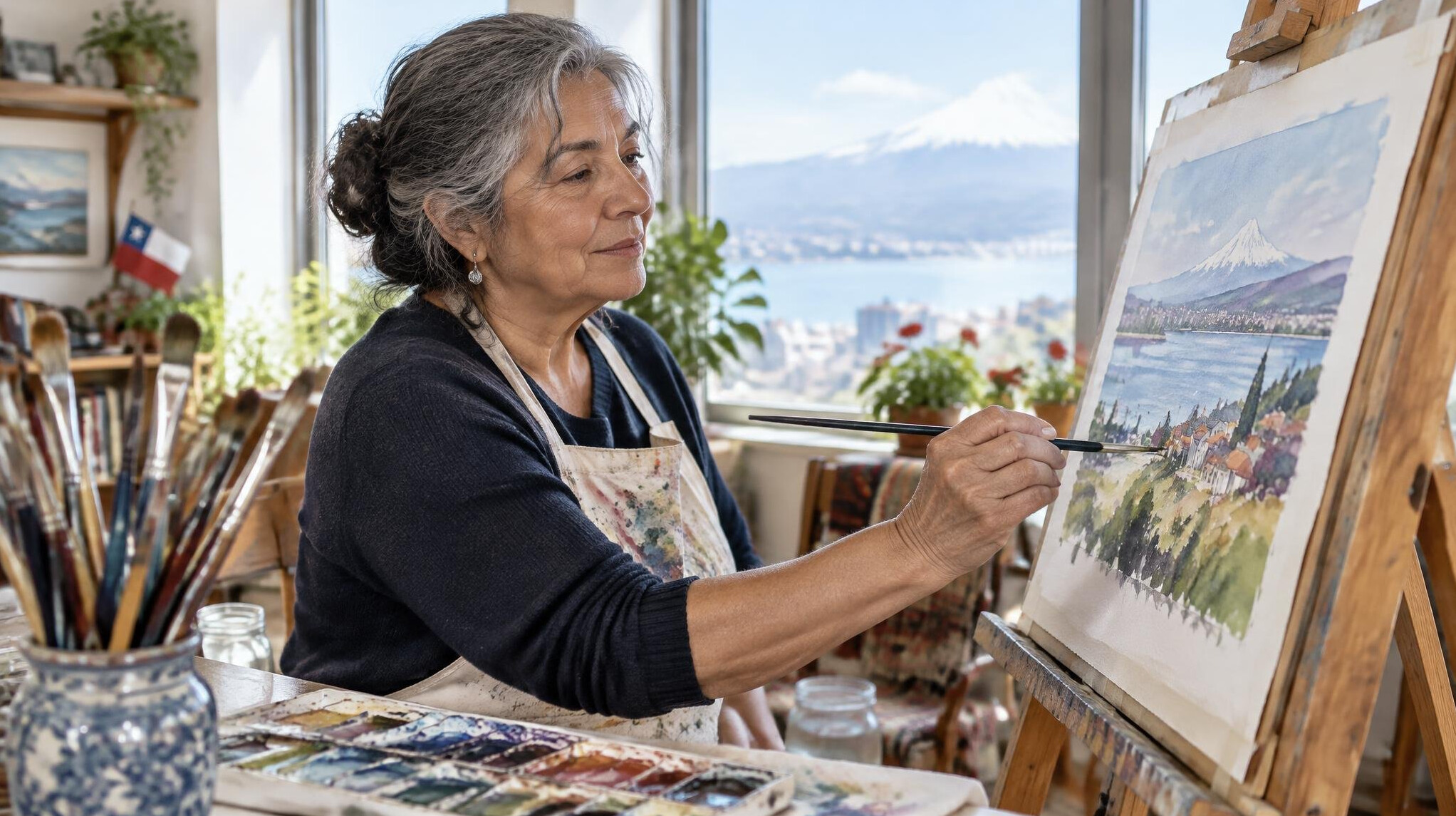 Older woman painting with watercolors at an easel in a bright room