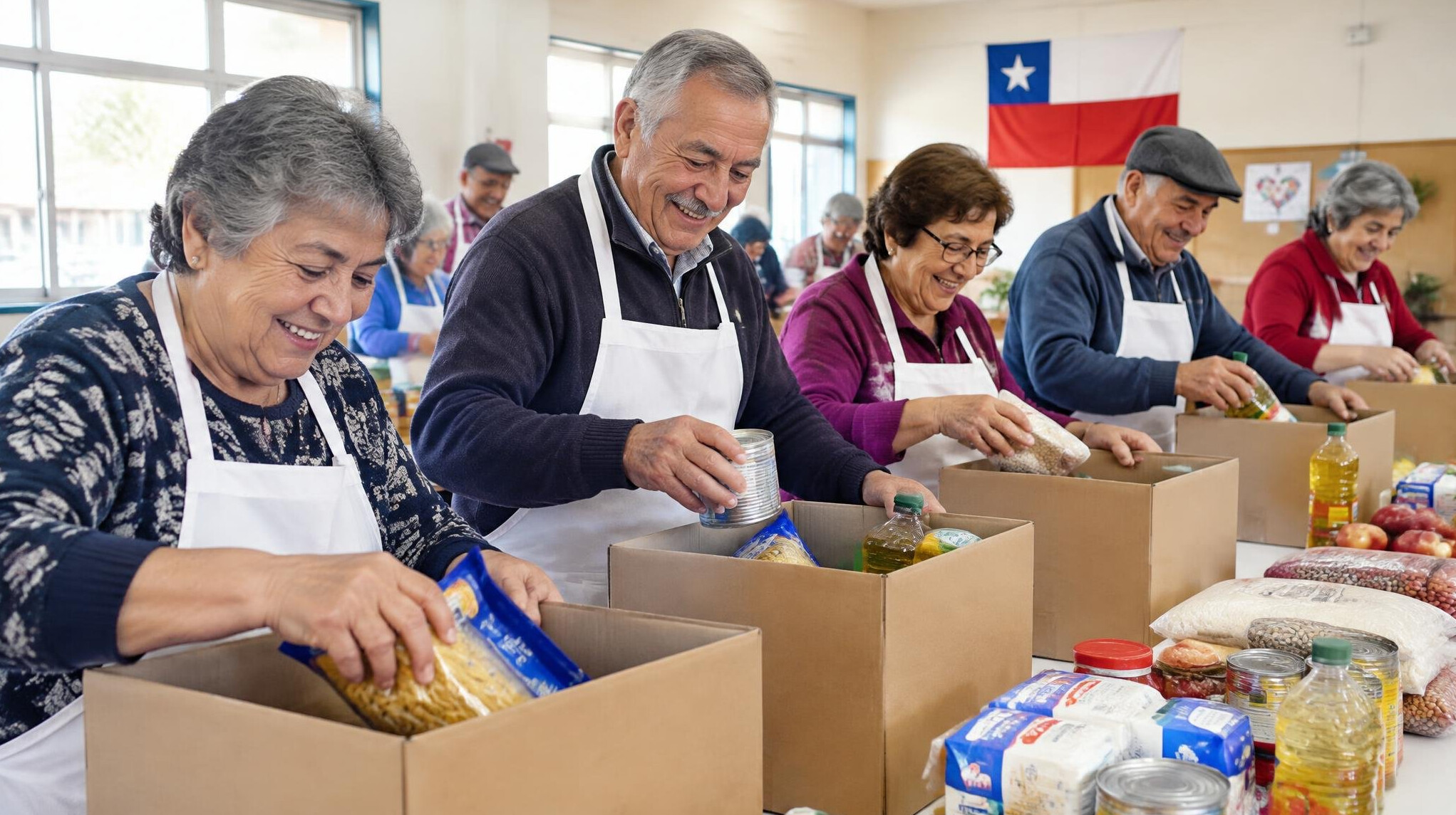Older volunteers packing food boxes together in a neighborhood community hall