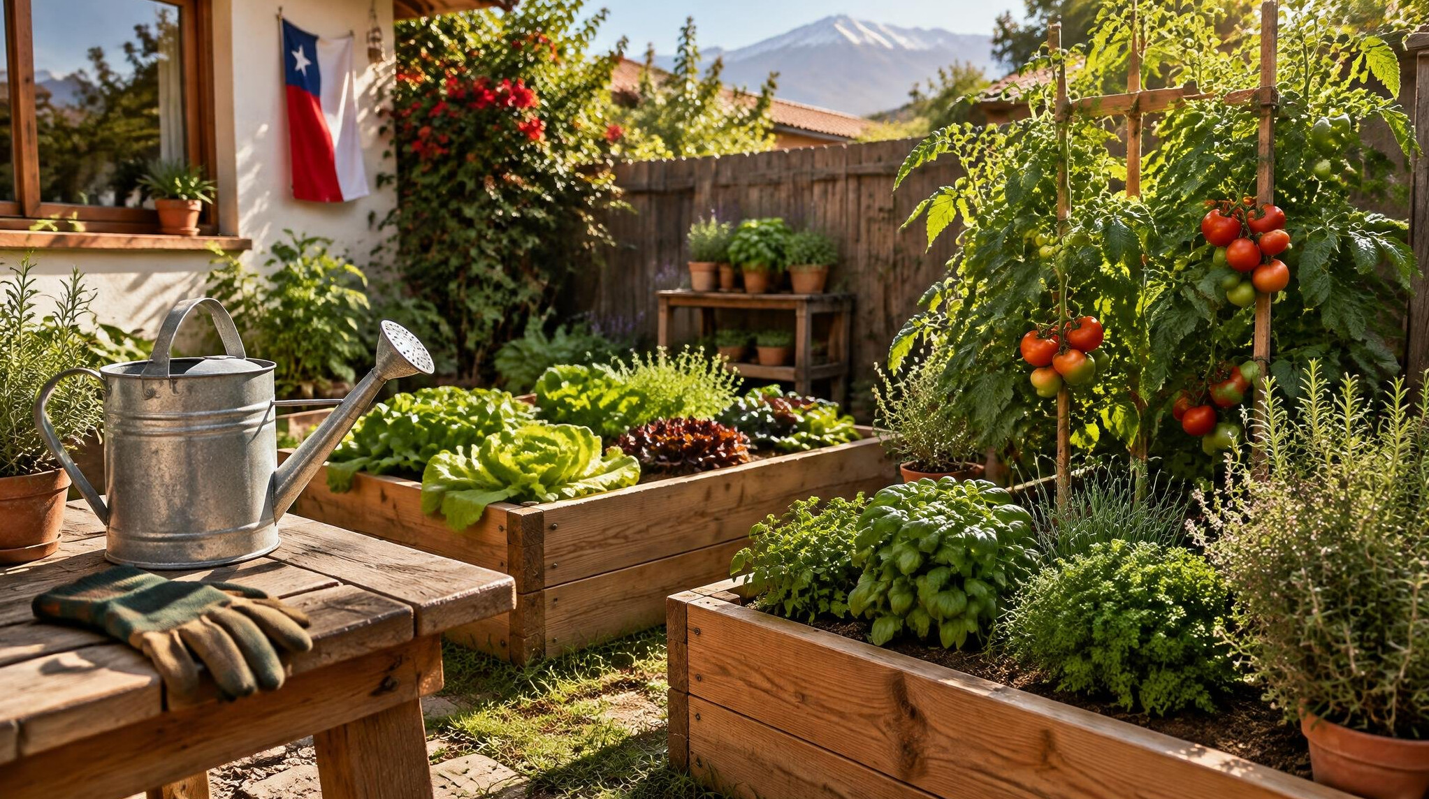 Small home vegetable garden with wooden planters and watering can in a backyard