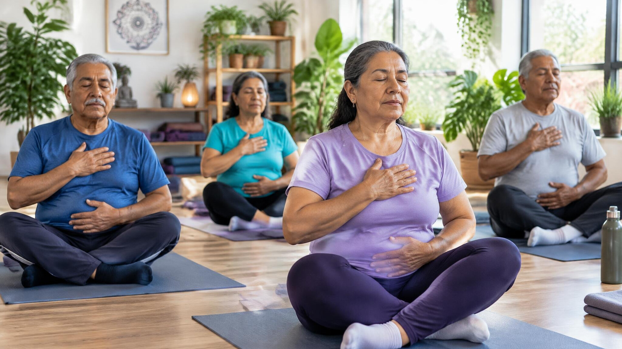 Older adults practicing gentle yoga and breathing in a bright studio